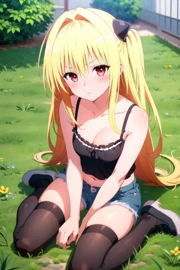 Ảnh konjiki no yami chibi cô gái hoạt hình tóc vàng đang ngồi trên mặt đất trước hàng rào