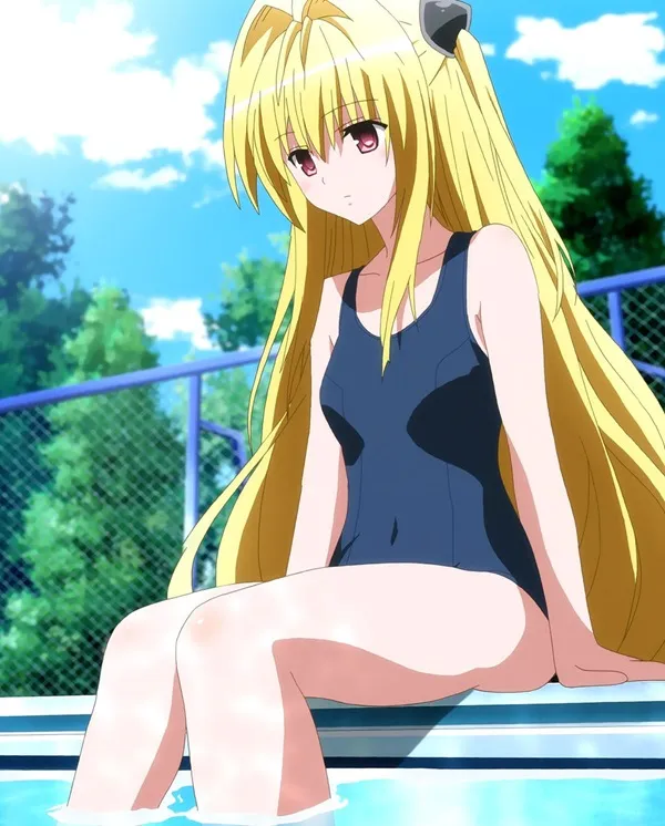 Ảnh konjiki no yami chibi cô gái tóc vàng ngồi trên mép hồ bơi nhìn vào máy