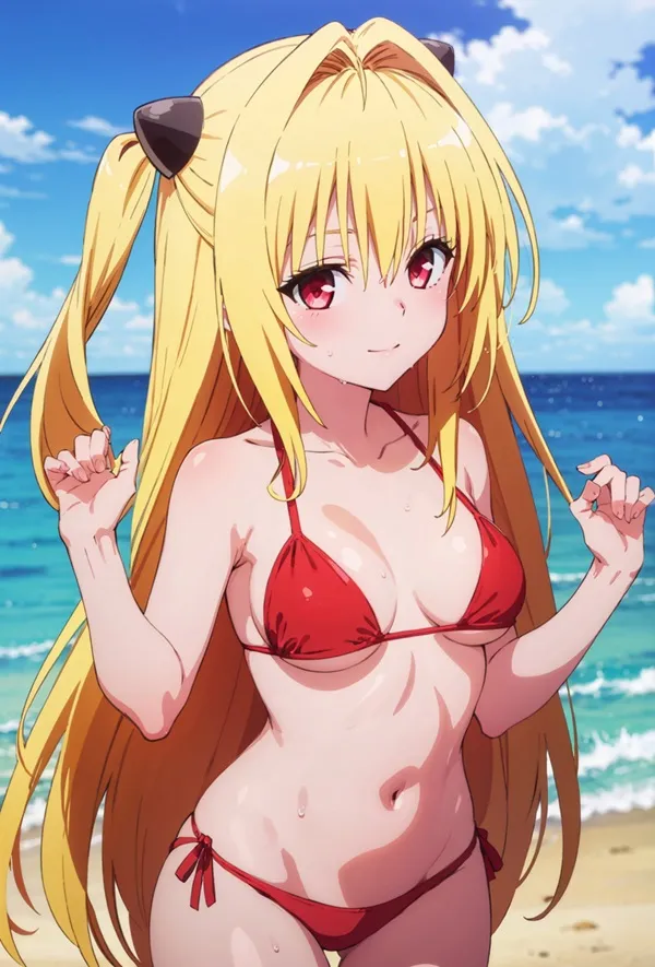 Ảnh konjiki no yami sexy cô gái tóc vàng trong bộ bikini màu đỏ đứng trên bãi biển