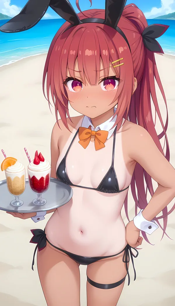 Ảnh kotori itsuka chibi có một người phụ nữ mặc bikini cầm khay với thức ăn trên đó