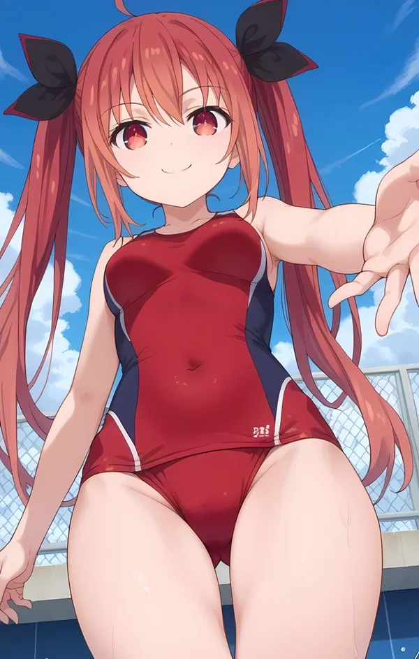 Ảnh kotori itsuka chibi cô gái anime mặc đồ bơi đỏ đứng trước bể