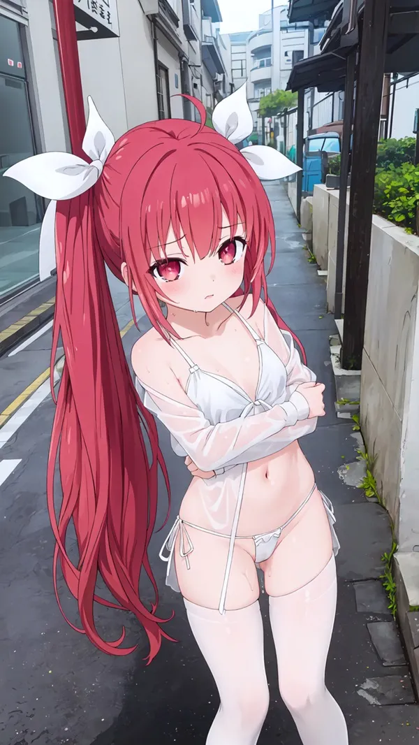 Ảnh kotori itsuka sexy có một người phụ nữ mái tóc đỏ dài đứng trên vỉa hè