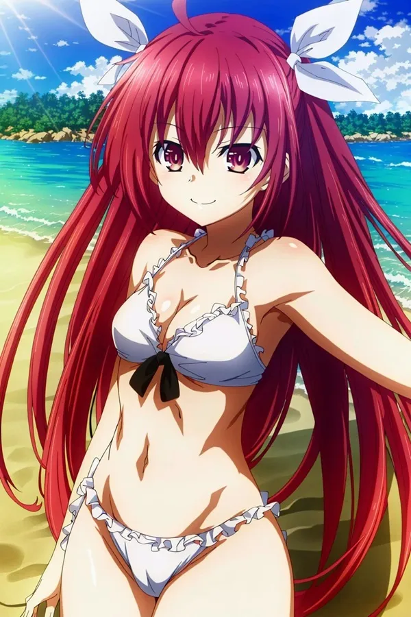 Kotori itsuka cosplay nhân vật nữ có mái tóc đỏ dài mặc bikini trên bãi biển
