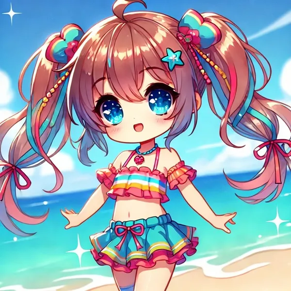 Ảnh kotori itsuka sexy một cô gái anime mặc chiếc váy đầy màu sắc đứng trên bãi biển