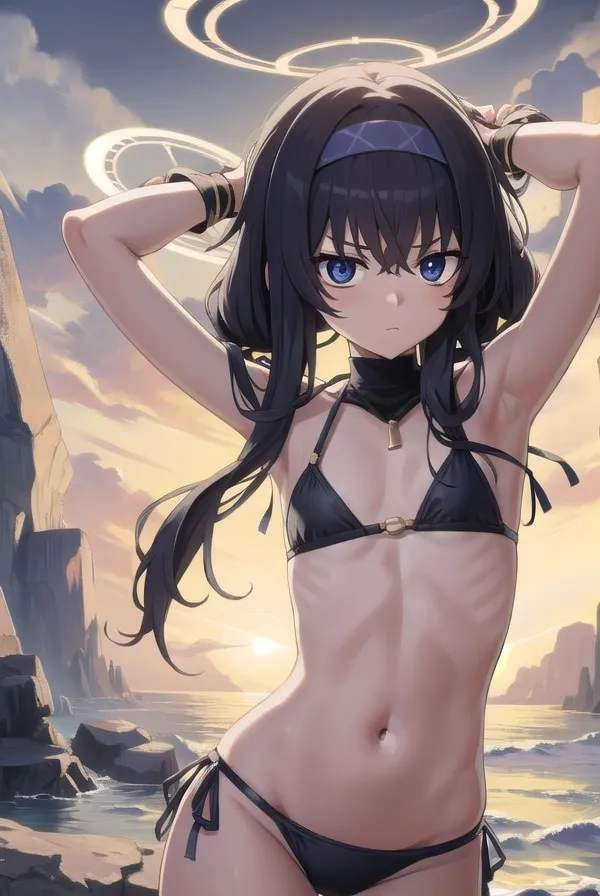 Ảnh kozeki ui bikini cô gái anime trong bộ tạo dáng trước đại dương vào lúc hoàng hôn