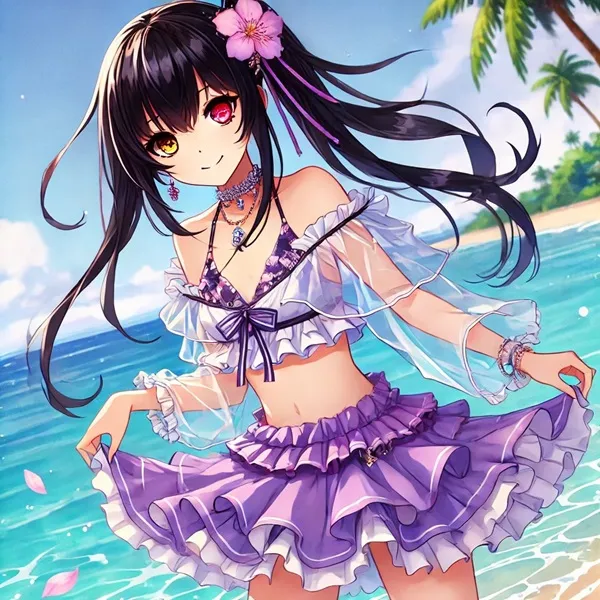 Ảnh kurumi tokisaki sexy một cô gái anime mặc váy màu tím đứng trên bãi biển