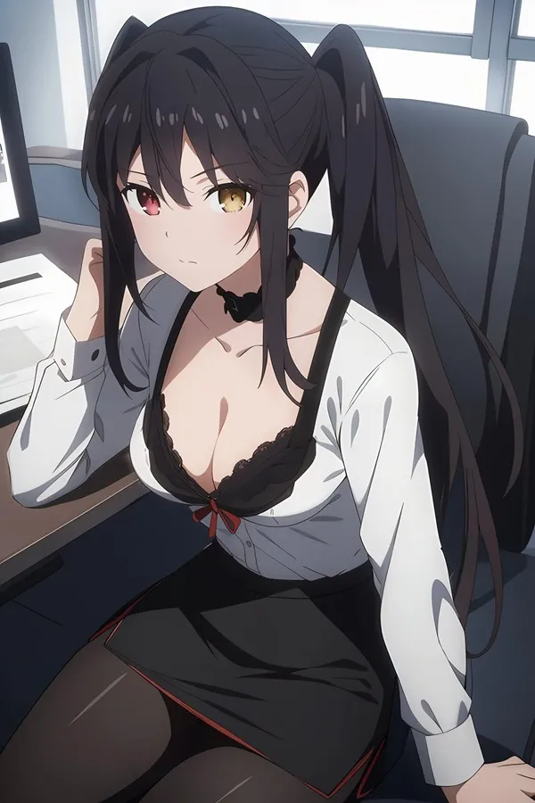 Ảnh kurumi tokisaki sexy nhân vật anime nữ với mái tóc đen dài ngồi bàn trước màn hình máy tính