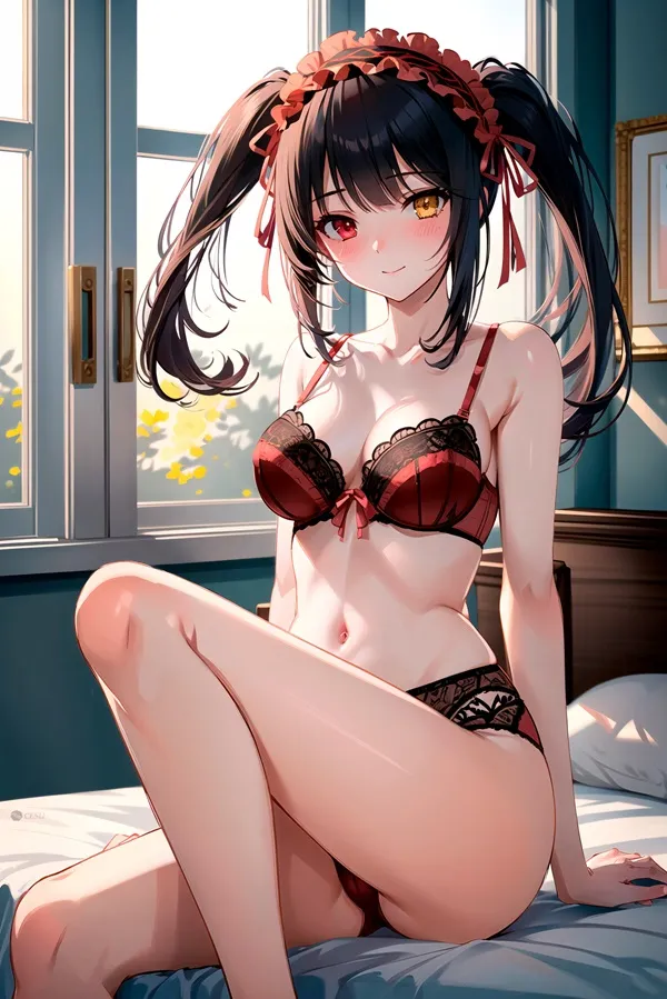 Ảnh tokisaki kurumi chibi cô gái anime gợi cảm trong đồ lót ngồi trên giường trước cửa sổ