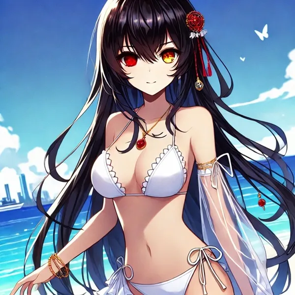 Ảnh tokisaki kurumi chibi một hình của người phụ nữ mặc bikini đứng trên bãi biển