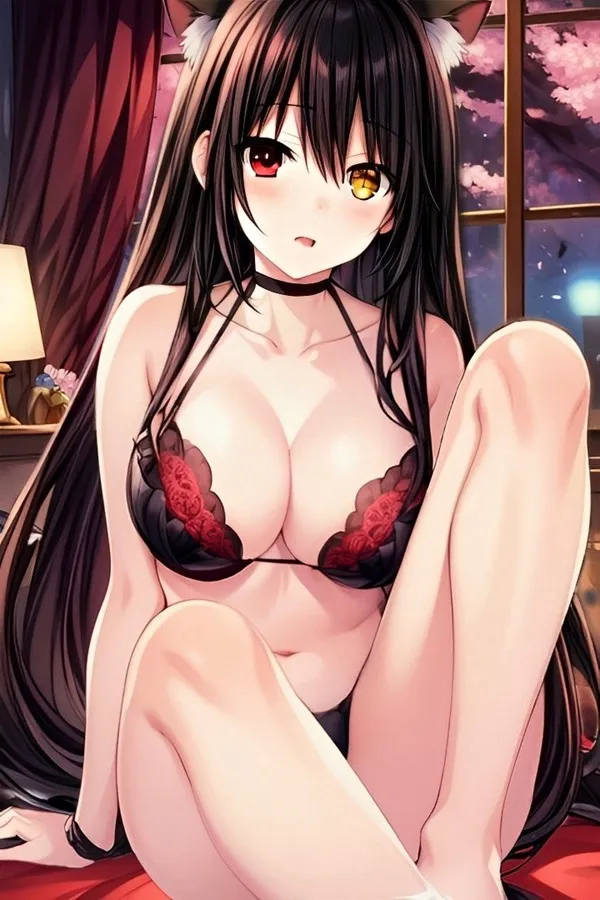 Ảnh tokisaki kurumi chibi người phụ nữ mặc đồ lót ngồi trên giường trước cửa sổ