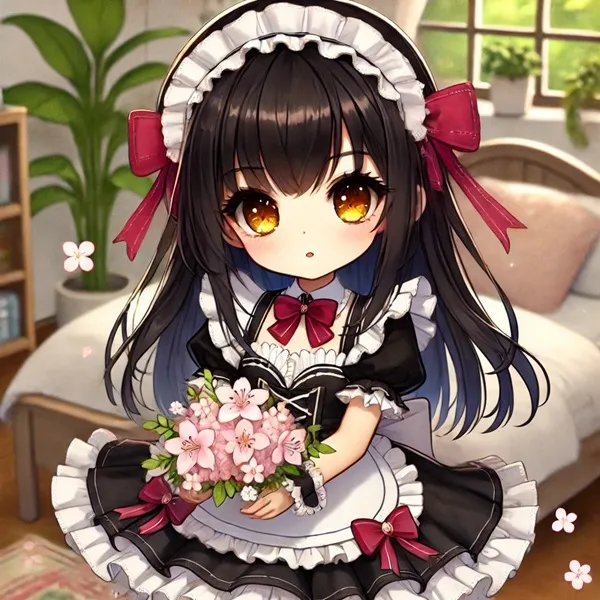 Ảnh kurumi tokisaki sexy cô gái anime mặc trang phục người giúp việc cầm một bó hoa trong tay