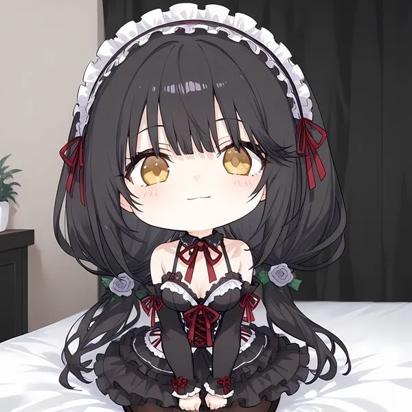 Ảnh kurumi tokisaki sexy cô gái anime nhật bản ngồi trên giường mặc váy đen trắng
