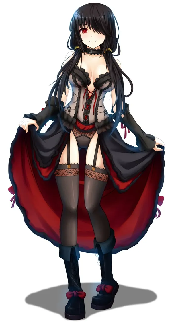 Ảnh kurumi tokisaki sexy đây là bản vẽ của một người phụ nữ có mái tóc đen dài và vớ