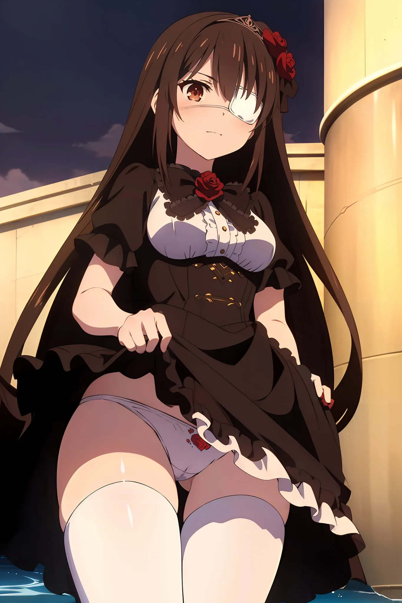Kurumi tokisaki anime cô gái có mái tóc đen dài ngồi trên gờ trước tòa nhà