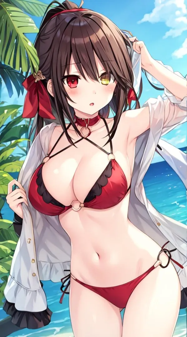 Kurumi tokisaki anime cô gái gợi cảm trong bộ bikini màu đỏ đứng trên bãi biển bên cạnh cây cọ