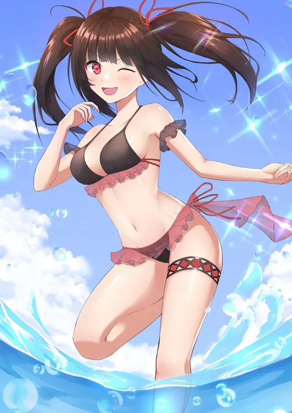 Kurumi tokisaki anime có một người phụ nữ mặc bikini đứng trong nước