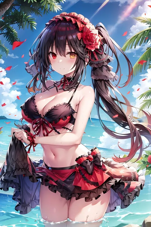 Ảnh kurumi tokisaki sexy một cô gái anime mặc bikini đứng trên bãi biển