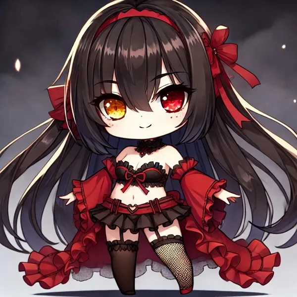 Ảnh kurumi tokisaki sexy một cô gái anime với mái tóc đen dài mặc trang phục màu đỏ và