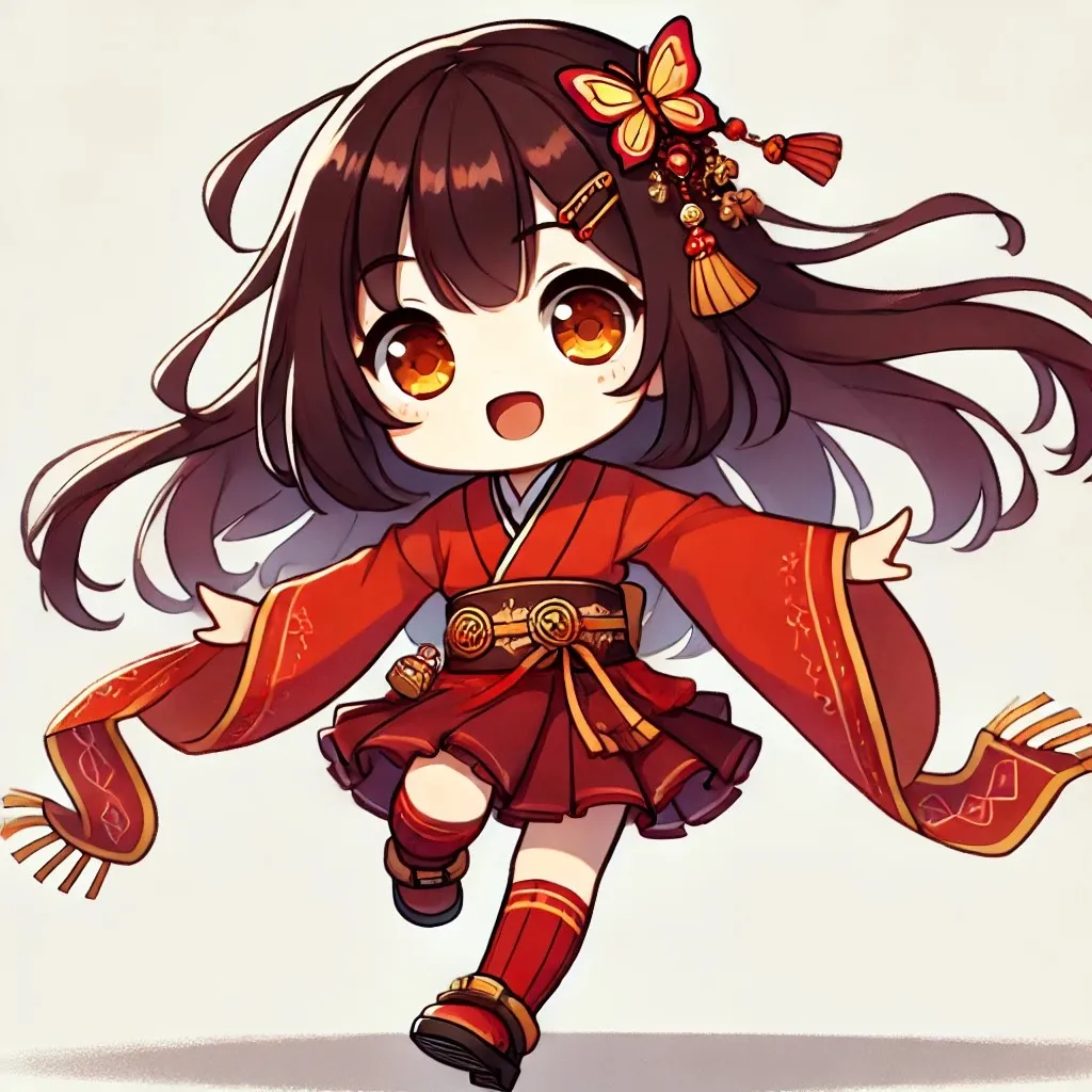 Ảnh lingsha chibi cô gái anime châu trong bộ kimono màu đỏ với một con bướm trên tóc