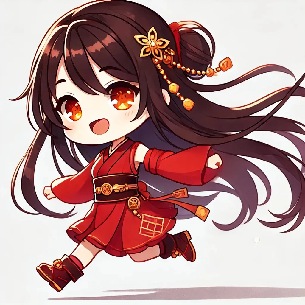Hình ảnh lingsha minh họa của một cô gái trong bộ đồ kimono màu đỏ chạy bằng kiếm