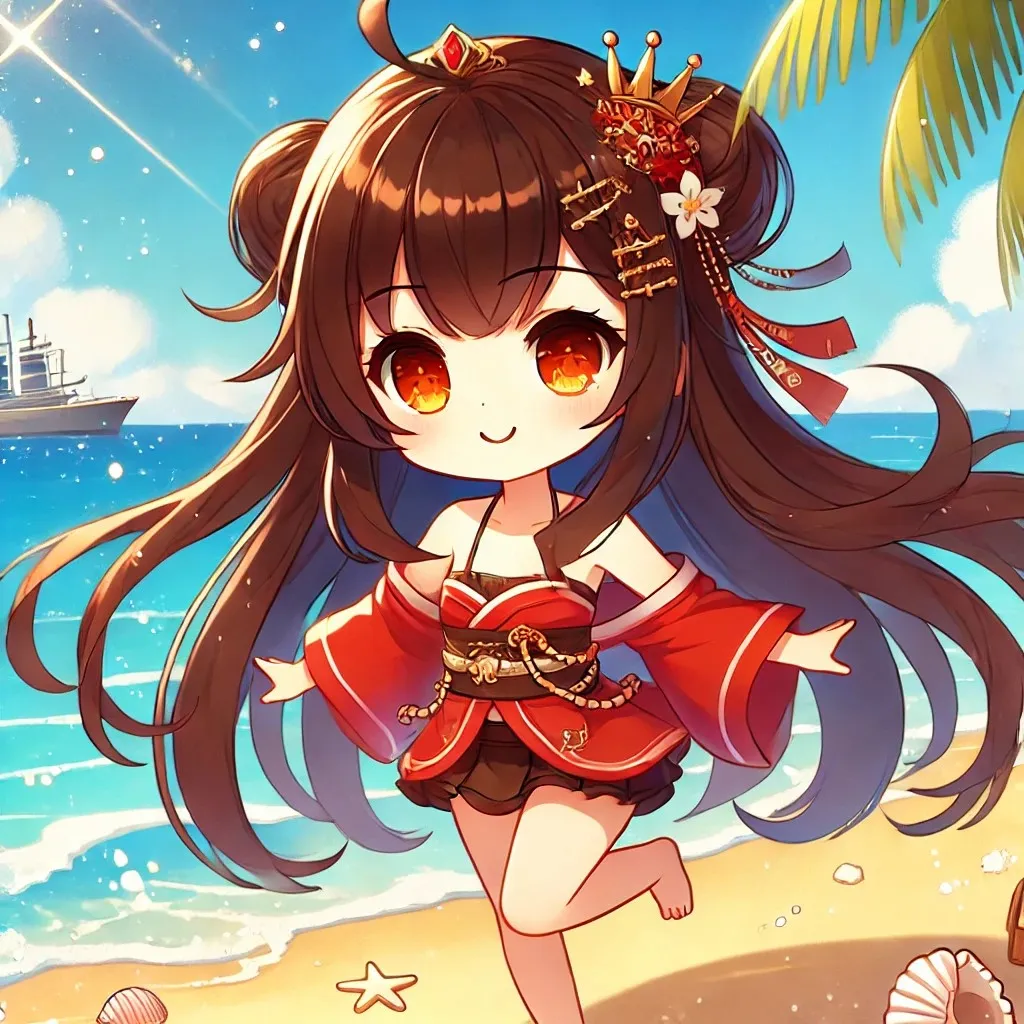 Ảnh lingsha hentai cô gái anime trong chiếc váy đỏ chạy trên bãi biển gần đại dương