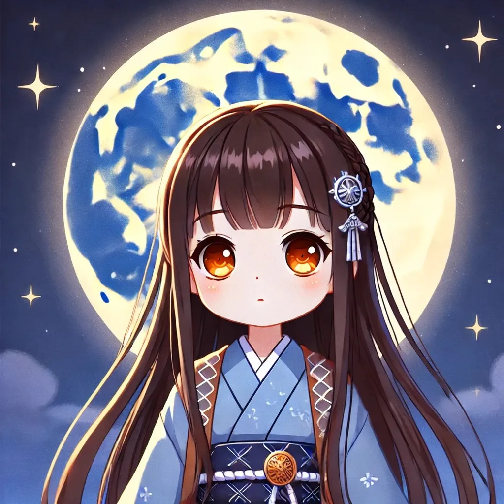 Ảnh lingsha sex cô gái anime với mái tóc nâu dài và một chiếc váy màu xanh đứng trước mặt trăng tròn