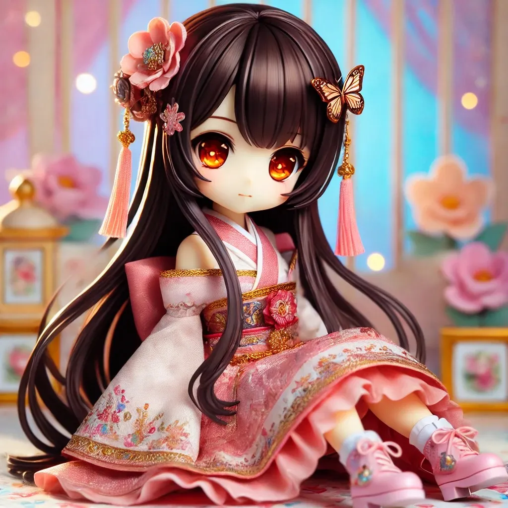 Ảnh lingsha hentai cô gái tượng hình với mái tóc nâu dài và váy màu hồng ngồi trên sàn nhà