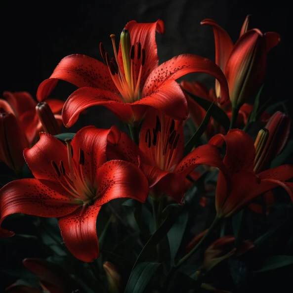 Hoa Lily đỏ trong một chiếc bình ảnh loa kèn