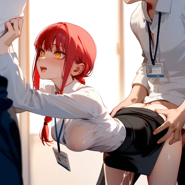 Ảnh sex cosplay makima có một người phụ nữ mái tóc đỏ mặc váy và áo sơ mi trắng
