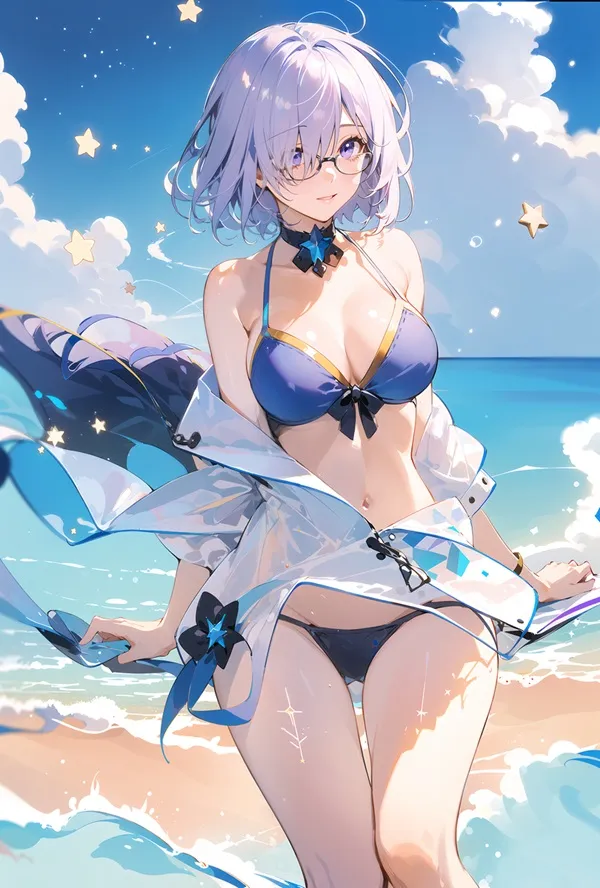 Ảnh mash kyrielight cosplay có một người phụ nữ mặc bikini trên bãi biển với con diều