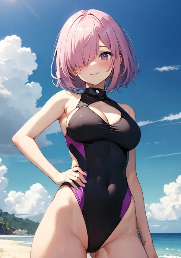 Ảnh mash kyrielight hentai có một người phụ nữ mặc đồ bơi màu đen và tím trên bãi biển