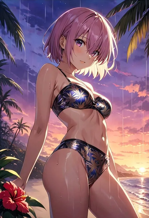 Ảnh mash kyrielight cosplay một cô gái anime mặc bikini đứng trên bãi biển