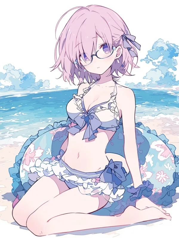 Ảnh mash kyrielight hentai có một người phụ nữ mặc bikini ngồi trên bãi biển