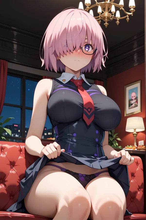 Ảnh mash kyrielight hentai cô gái anime gợi cảm ngồi trên chiếc ghế dài màu đỏ trong phòng khách
