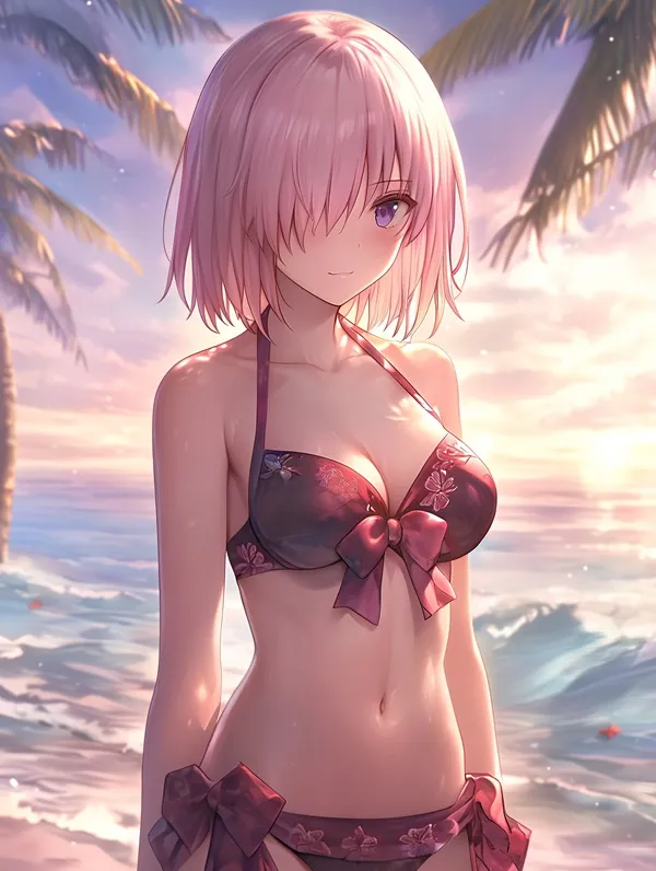 Ảnh mash kyrielight hentai cô gái anime với mái tóc màu hồng trong bộ bikini đứng trên bãi biển