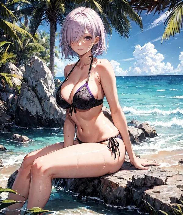 Ảnh mash kyrielight hentai có một người phụ nữ mặc bikini ngồi trên tảng đá bên nước
