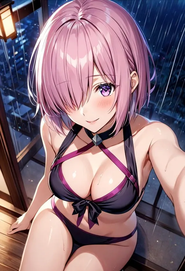 Ảnh mash kyrielight hentai hình một người phụ nữ mặc bikini ngồi trên bệ cửa sổ