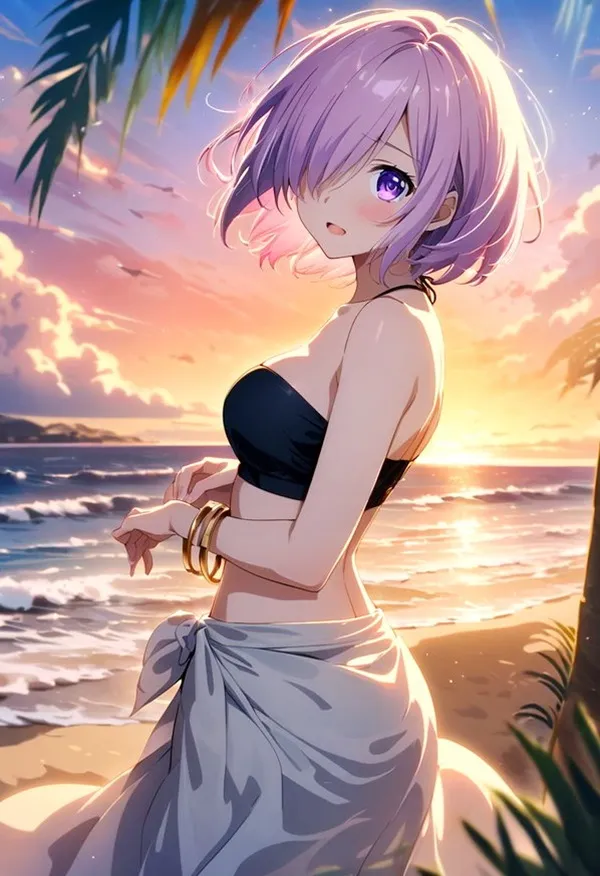 Ảnh mash kyrielight hentai một cô gái anime đứng trên bãi biển bên cạnh đại dương