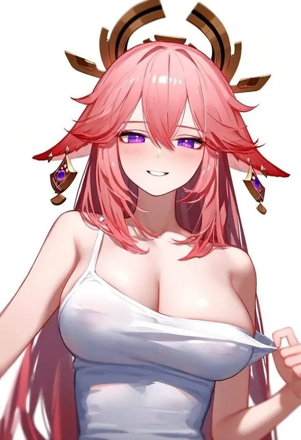 Ảnh miko hentai có một người phụ nữ mái tóc dài màu hồng mặc áo trắng