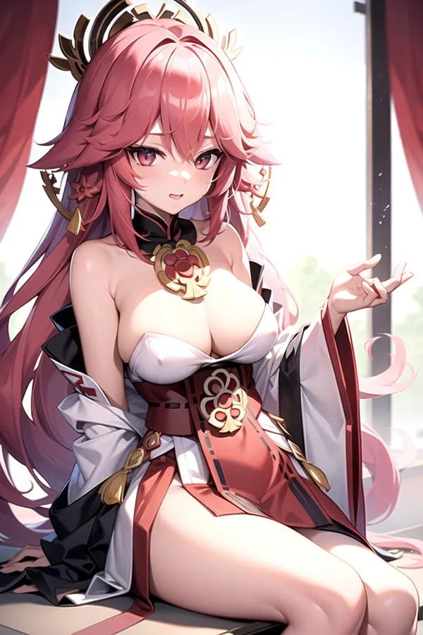 Hình ảnh yae miko cute có một người phụ nữ mái tóc dài màu hồng ngồi trên bệ cửa sổ