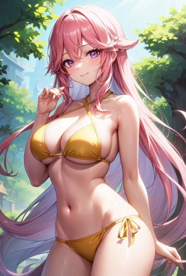 Hình ảnh yae miko cute một cô gái anime mặc bikini tạo dáng trong rừng