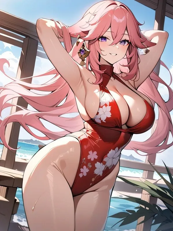 Ảnh miko hentai hình của một người phụ nữ mặc bộ đồ tắm màu đỏ và trắng