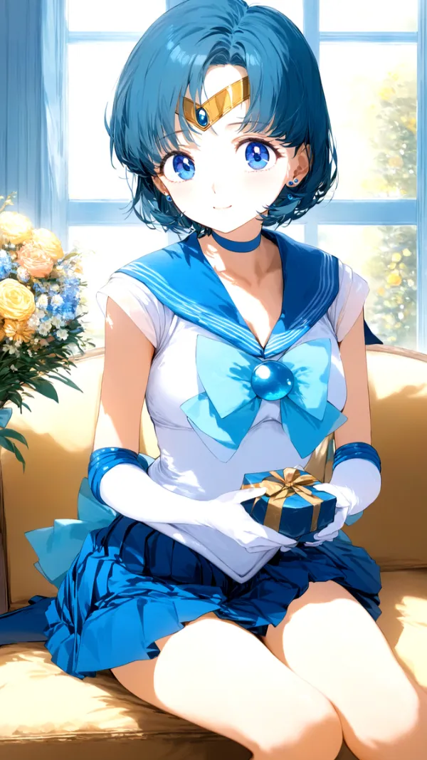 Ảnh mizuno ami hentai có một người phụ nữ ngồi trên chiếc ghế dài với váy màu xanh