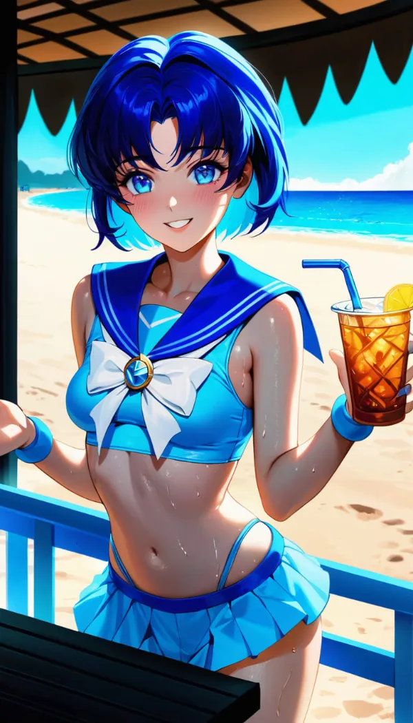 Ảnh mizuno ami cute cô gái anime xinh đẹp trong bộ bikini màu xanh cầm một ly nước cam