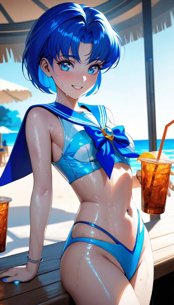 Ảnh mizuno ami cute có một người phụ nữ mặc bộ bikini màu xanh đang ngồi bàn