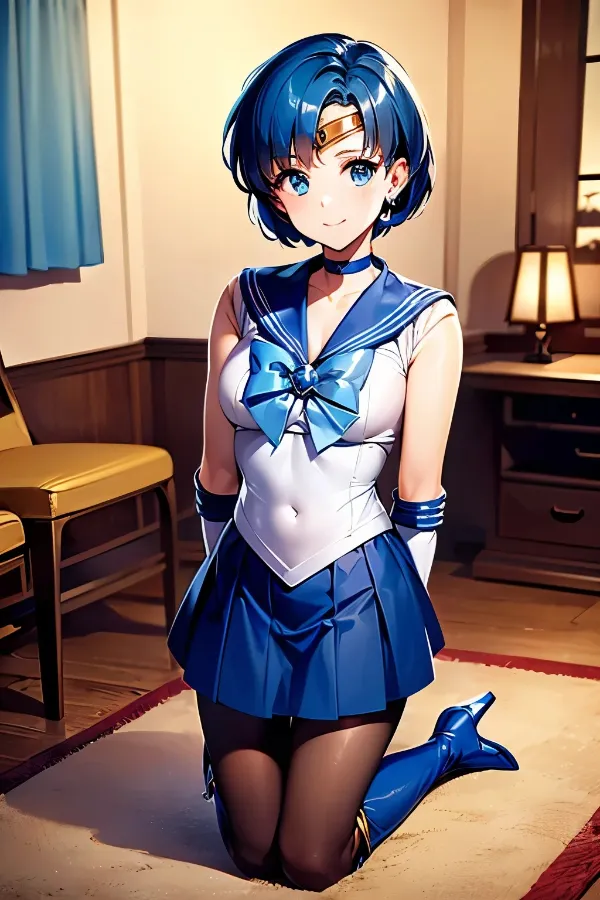 Ảnh mizuno ami cute có một người phụ nữ trong bộ đồ thủy thủ ngồi trên sàn nhà