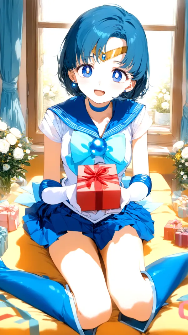 Ảnh mizuno ami hentai có một cô gái ngồi trên giường với món quà trong tay