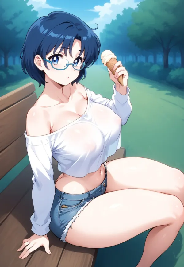 Ảnh mizuno ami hentai có một người phụ nữ ngồi trên băng ghế ăn cây kem ốc quế
