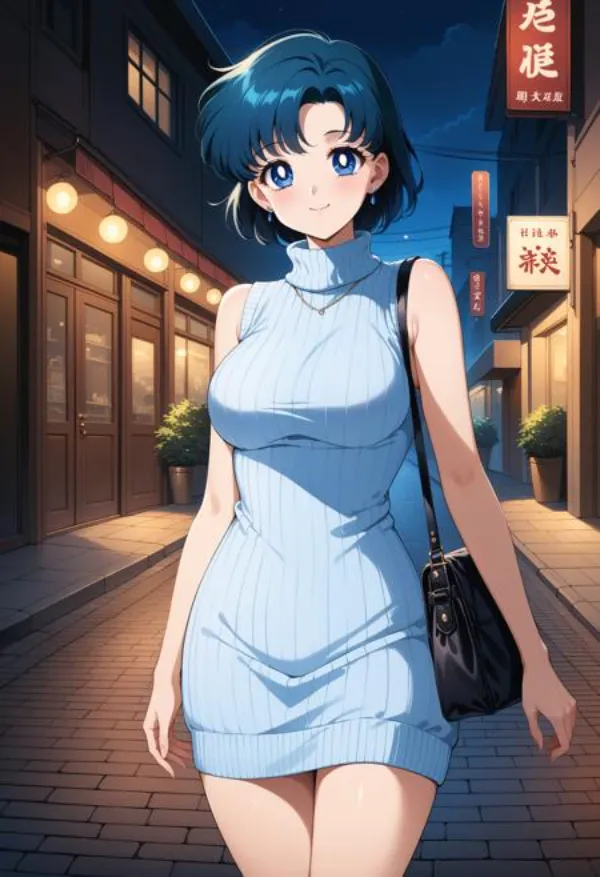 Ảnh mizuno ami hentai anime girl mặc váy màu xanh đi bộ xuống đường vào ban đêm