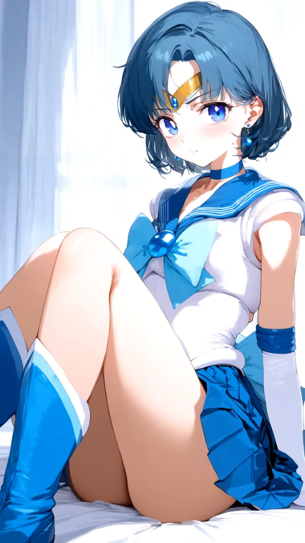 Ảnh mizuno ami hentai có một cô gái anime ngồi trên giường với hai chân của ấy